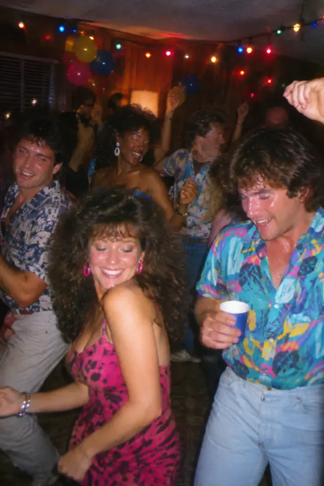 1980s house party photo generated from a party prompt