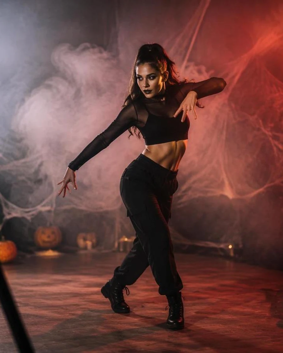 Dancer moving through red smoke and pumpkin silhouettes
