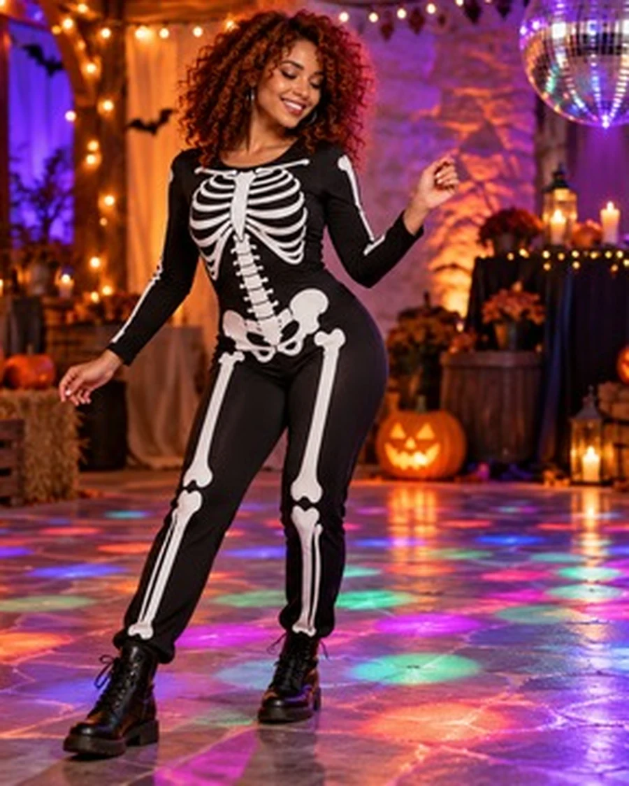 Dancer in skeleton makeup performing on a smoky red-lit stage