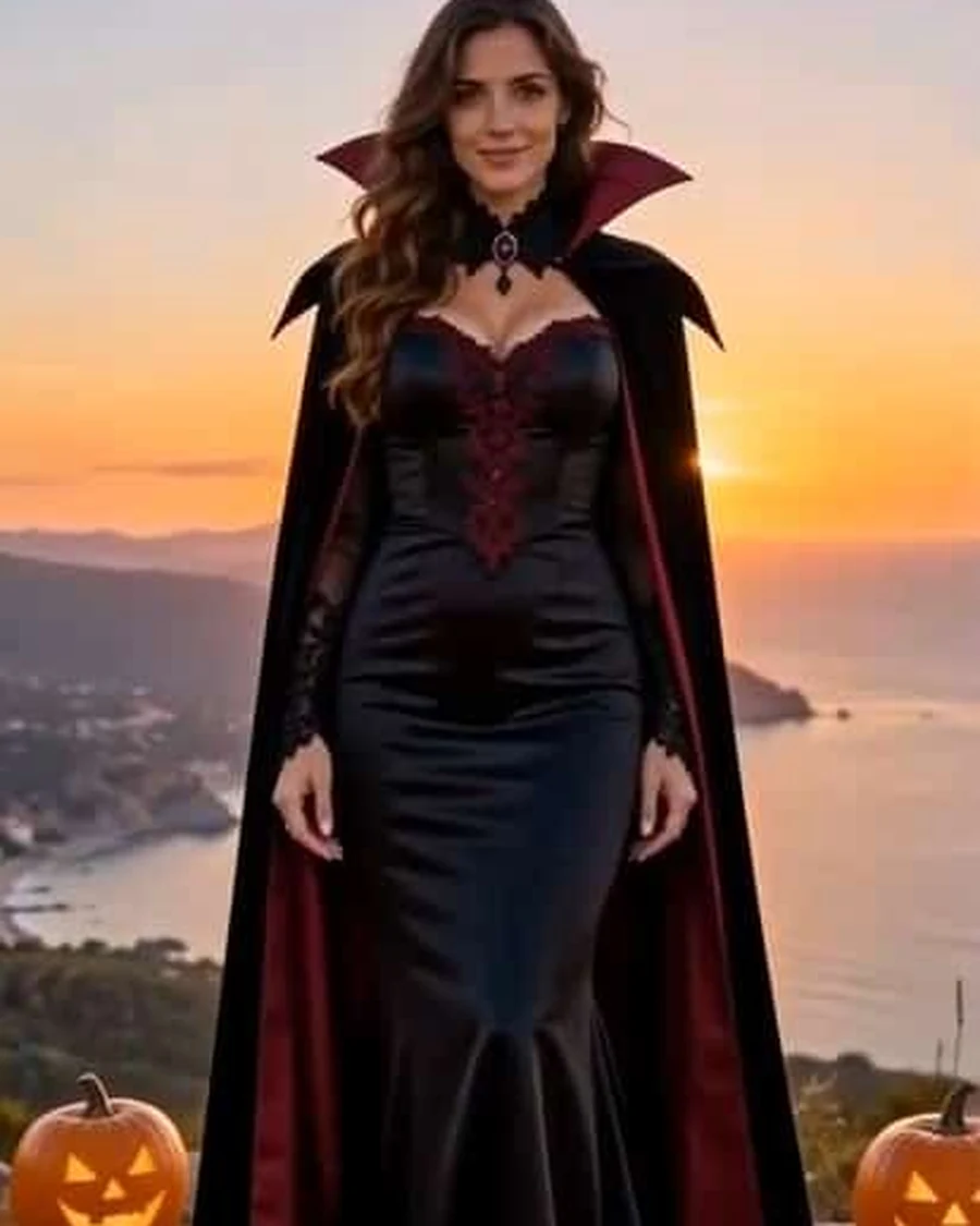 Vampire in a long black cape standing above the sea at sunset