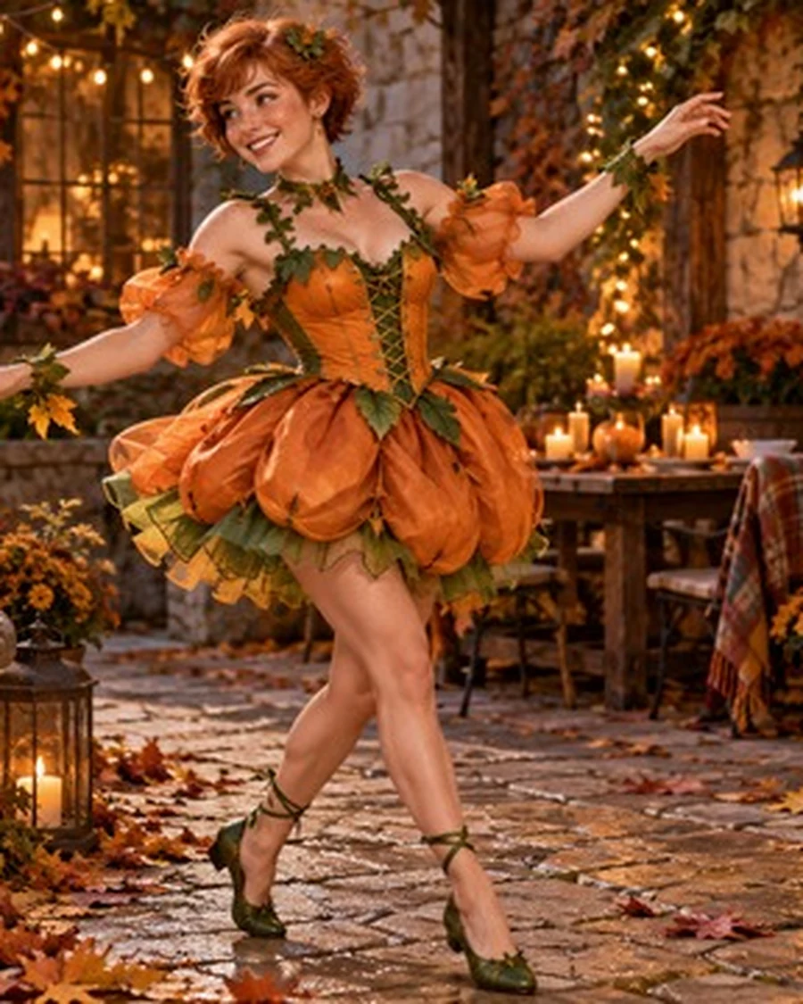 Dancer in a pumpkin-orange witch costume in a lantern-lit courtyard